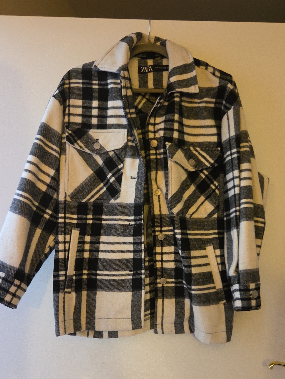 ZARA Oversized Black and White Plaid Lightweight Shirt Jacket Sz Xs